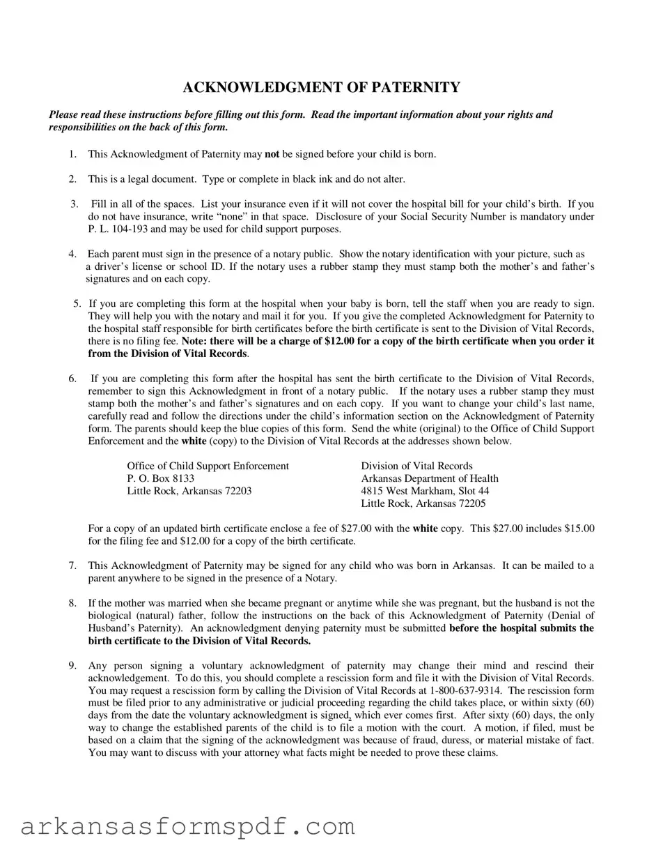 Free Arkansas Acknowledgement Paternity Form