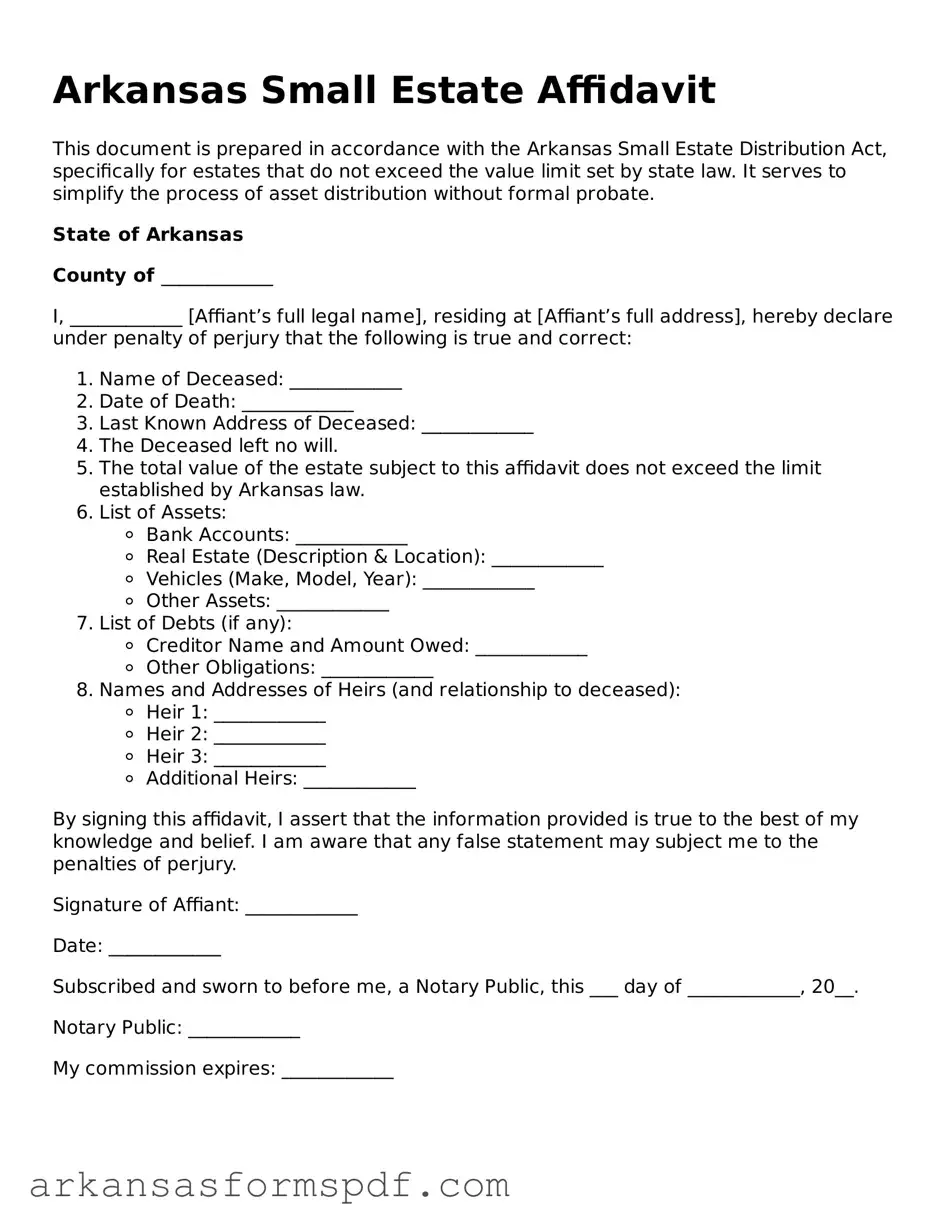 Fillable  Small Estate Affidavit Form for Arkansas