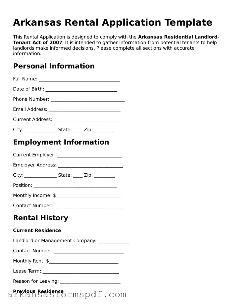 Fillable  Rental Application Form for Arkansas