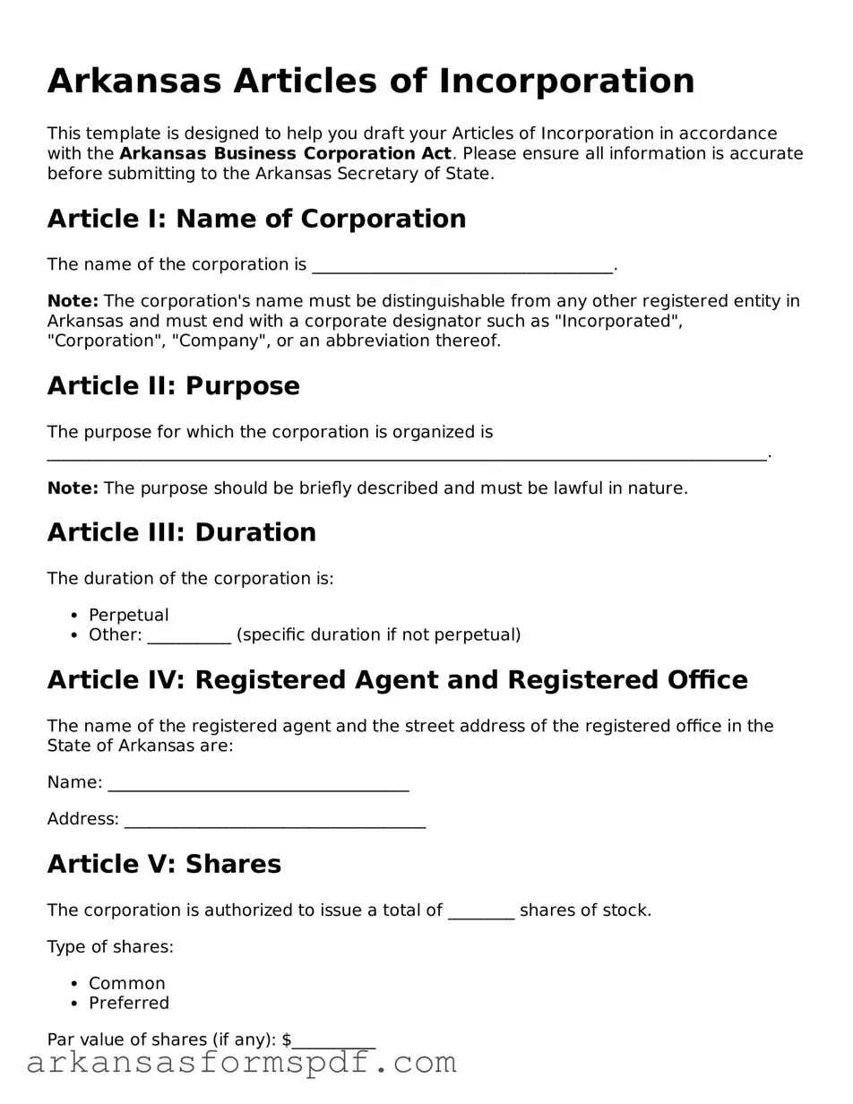 Fillable  Articles of Incorporation Form for Arkansas