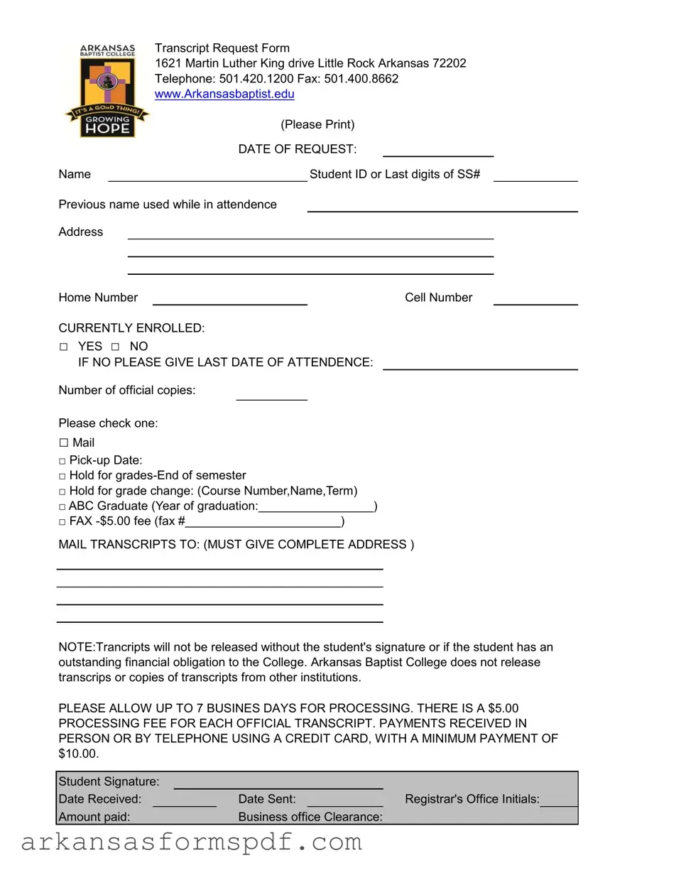 Free Arkansas Baptist Transcript Form