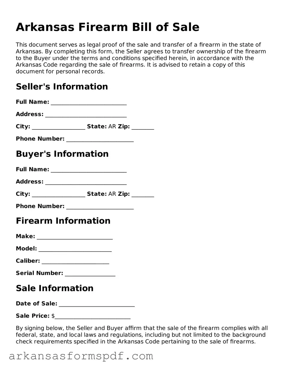 Fillable  Firearm Bill of Sale Form for Arkansas