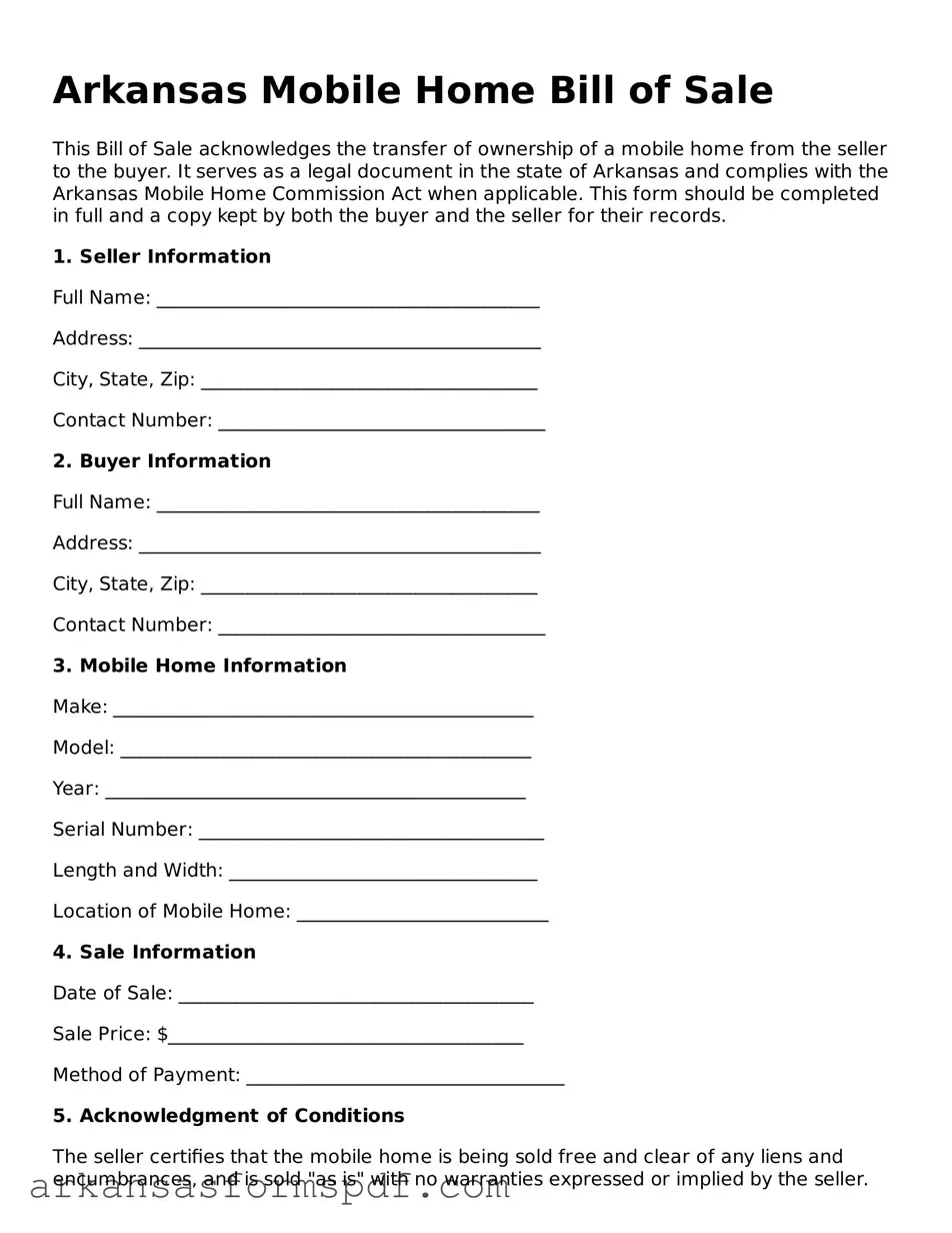 Fillable  Mobile Home Bill of Sale Form for Arkansas