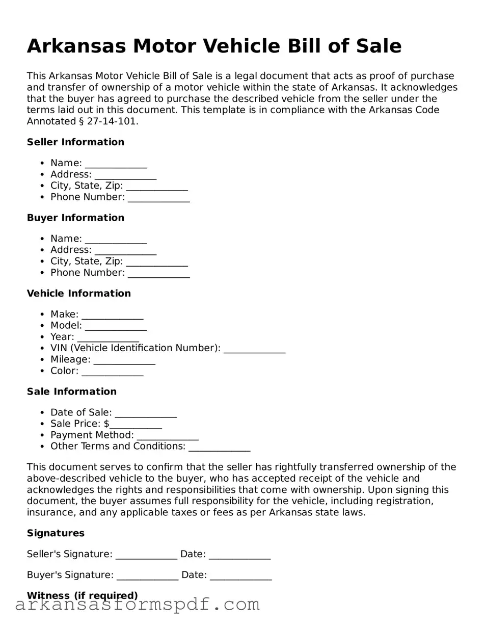 Fillable  Motor Vehicle Bill of Sale Form for Arkansas