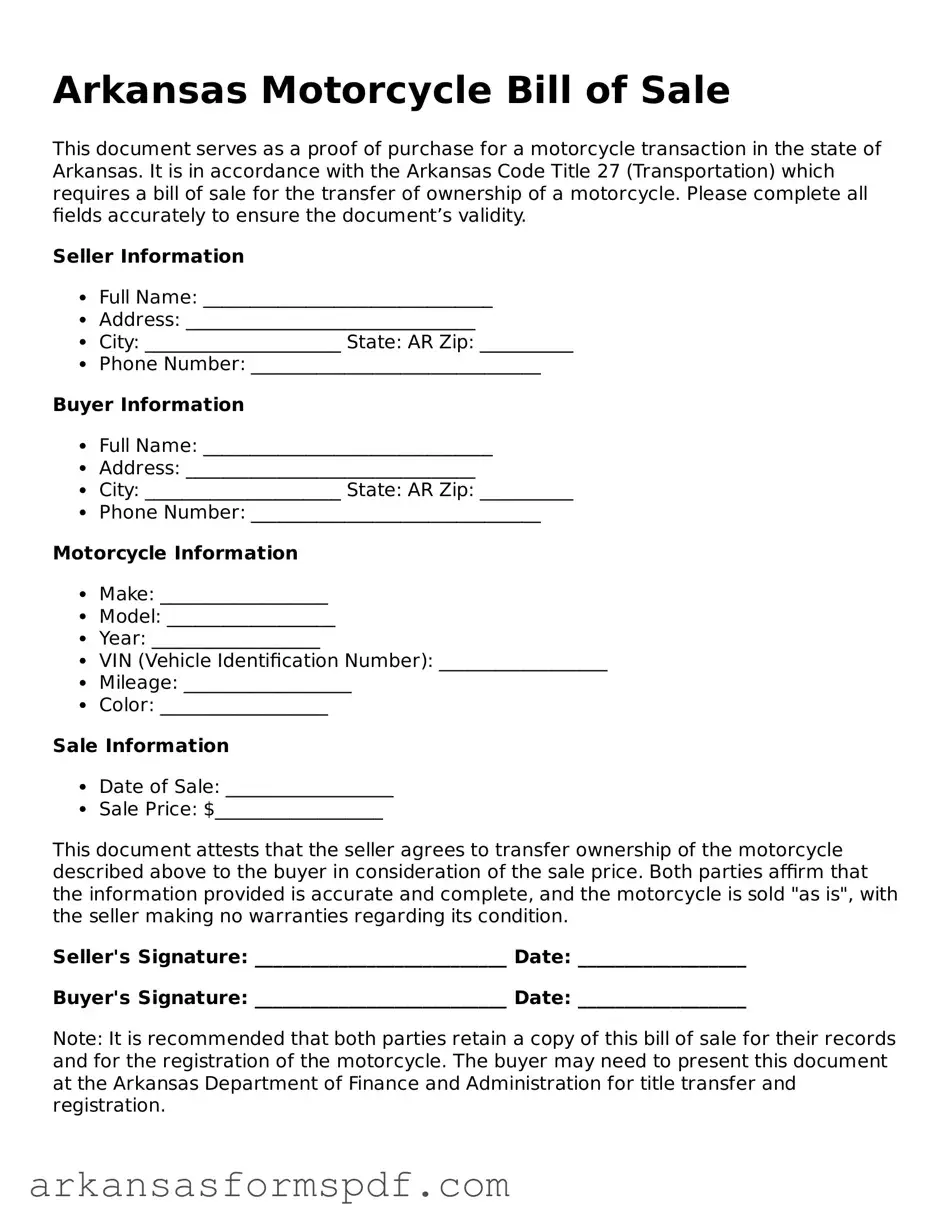 Fillable  Motorcycle Bill of Sale Form for Arkansas