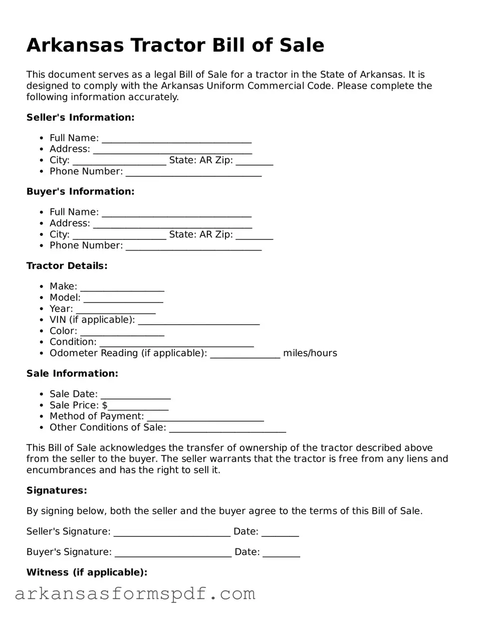 Fillable  Tractor Bill of Sale Form for Arkansas