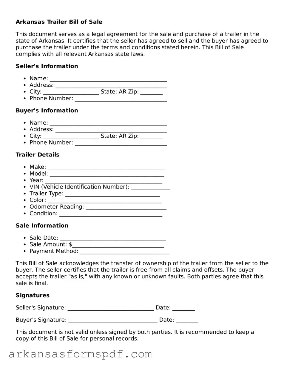 Fillable  Trailer Bill of Sale Form for Arkansas