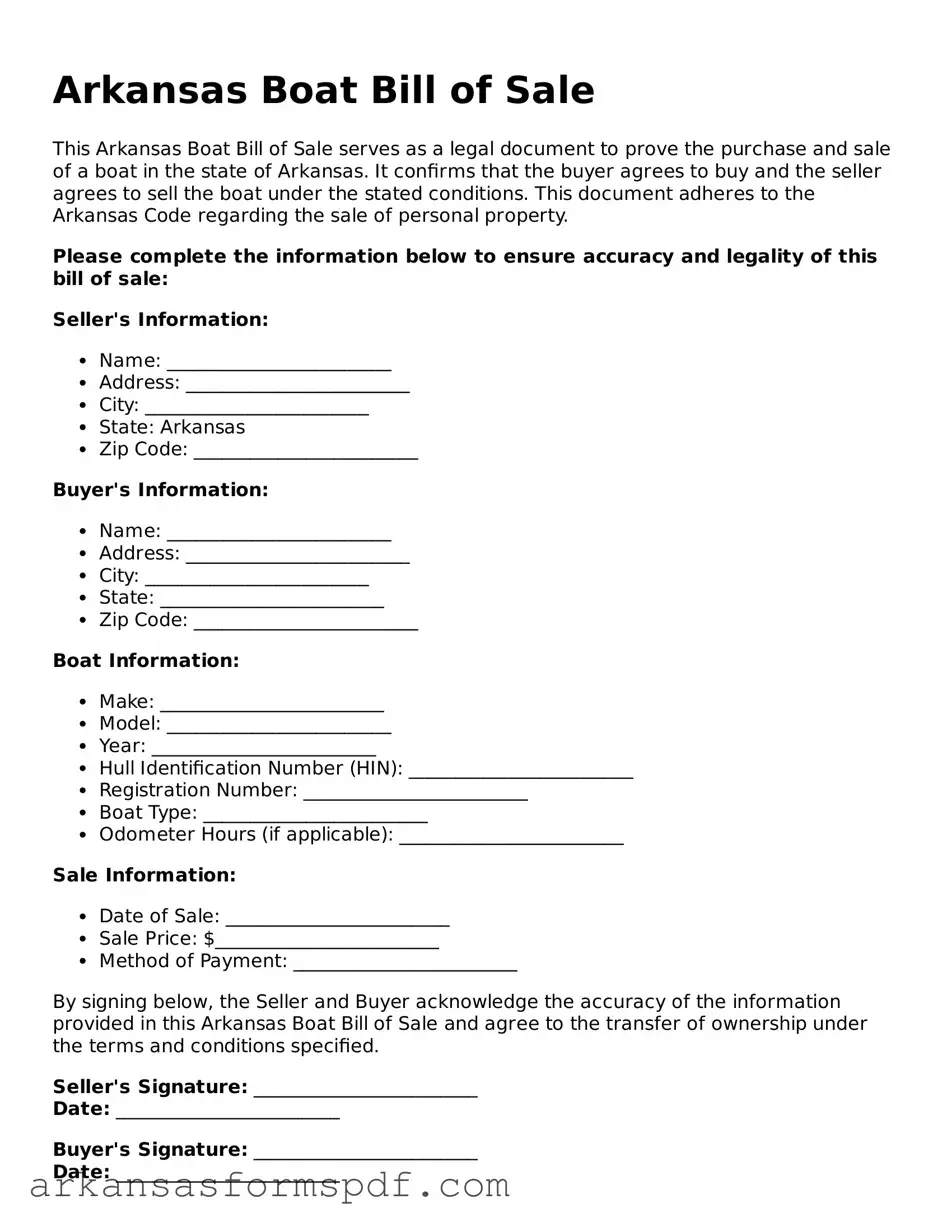 Fillable  Boat Bill of Sale Form for Arkansas