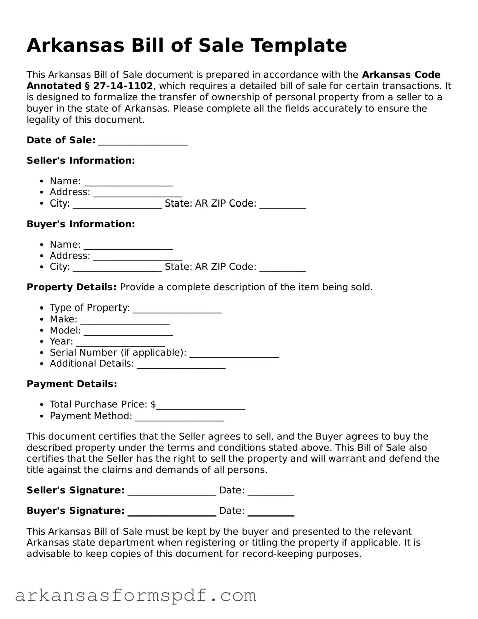Fillable  Bill of Sale Form for Arkansas