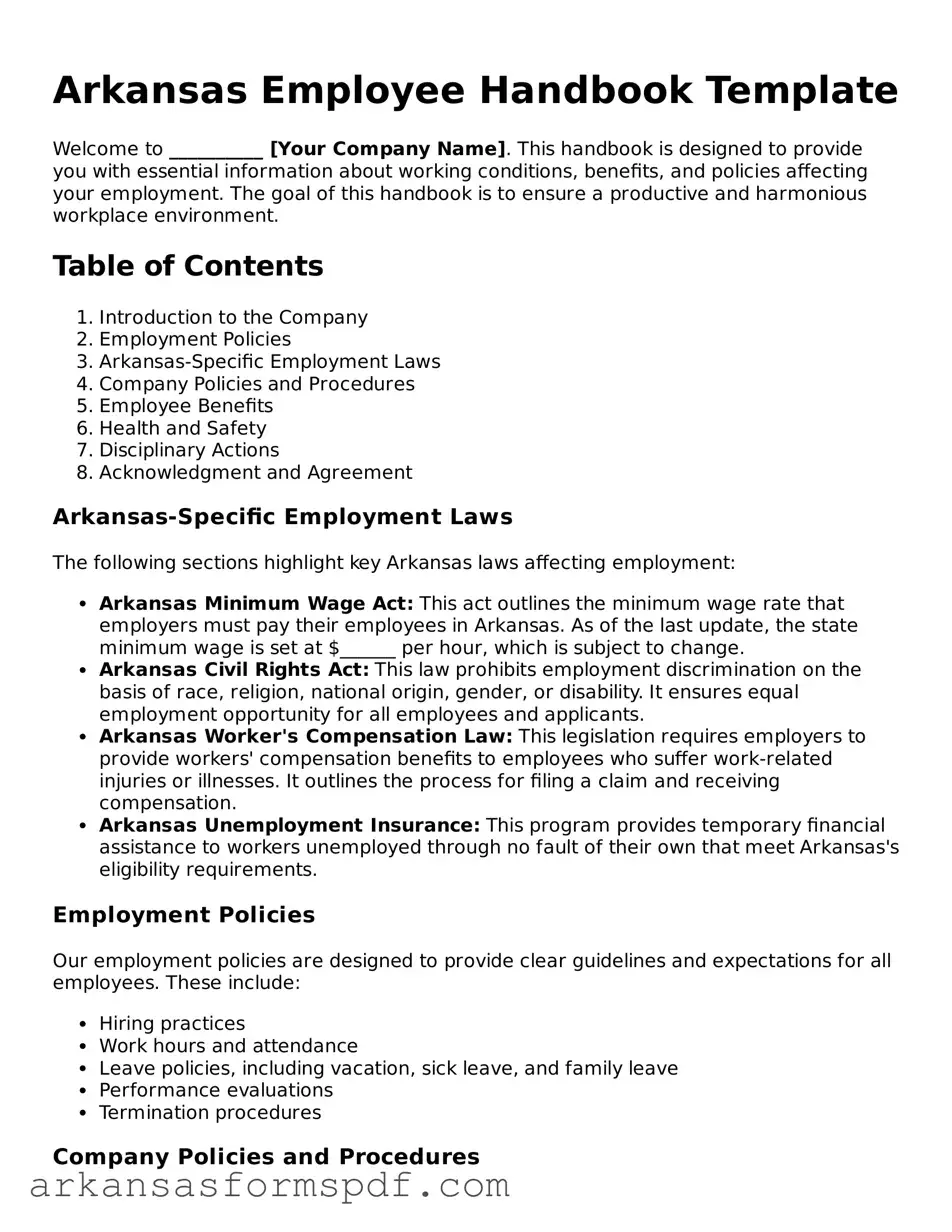 Fillable  Employee Handbook Form for Arkansas