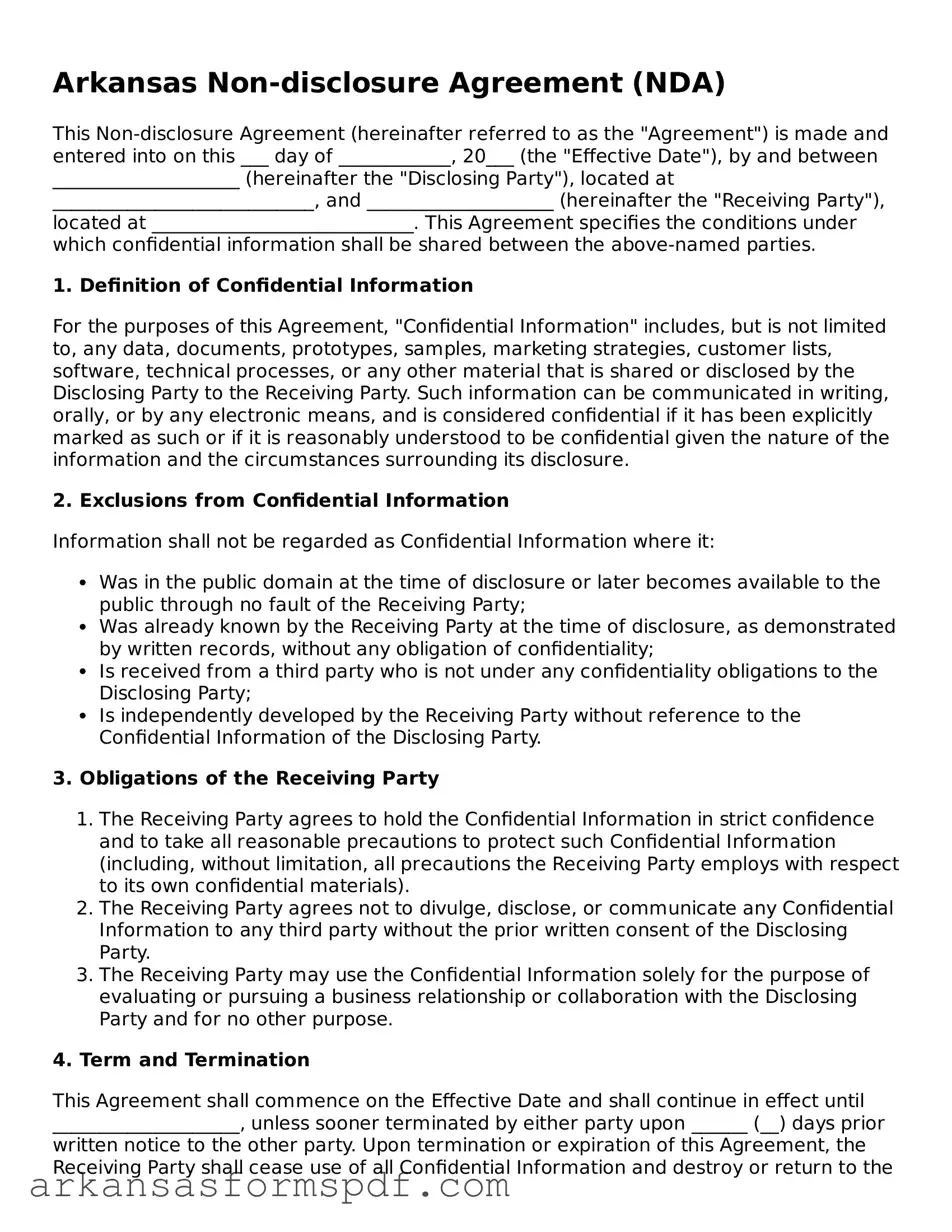 Fillable  Non-disclosure Agreement Form for Arkansas
