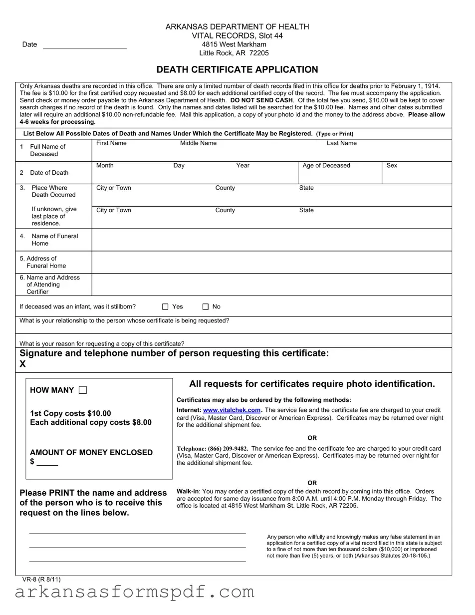 Free Arkansas Death Certificate Application Form