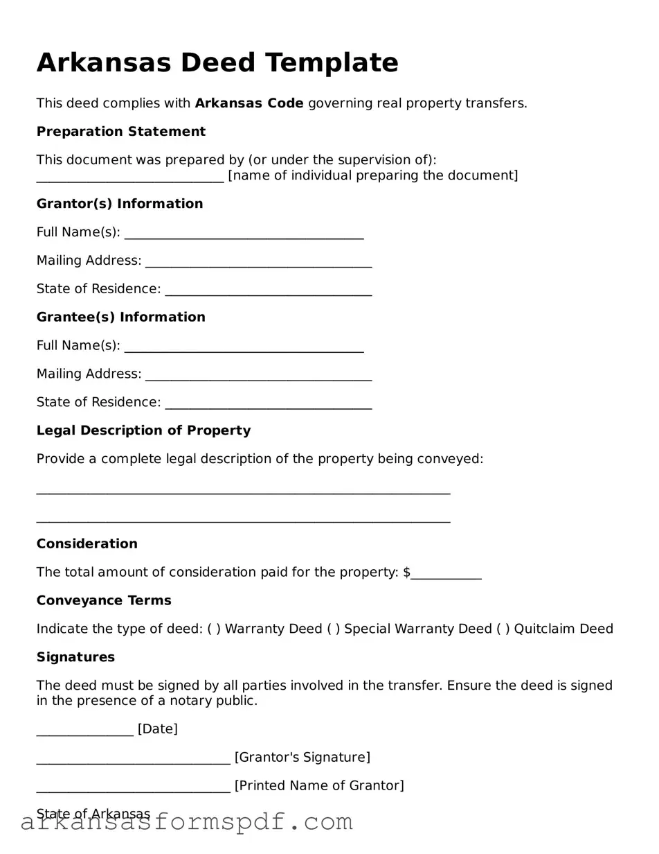 Fillable  Deed Form for Arkansas