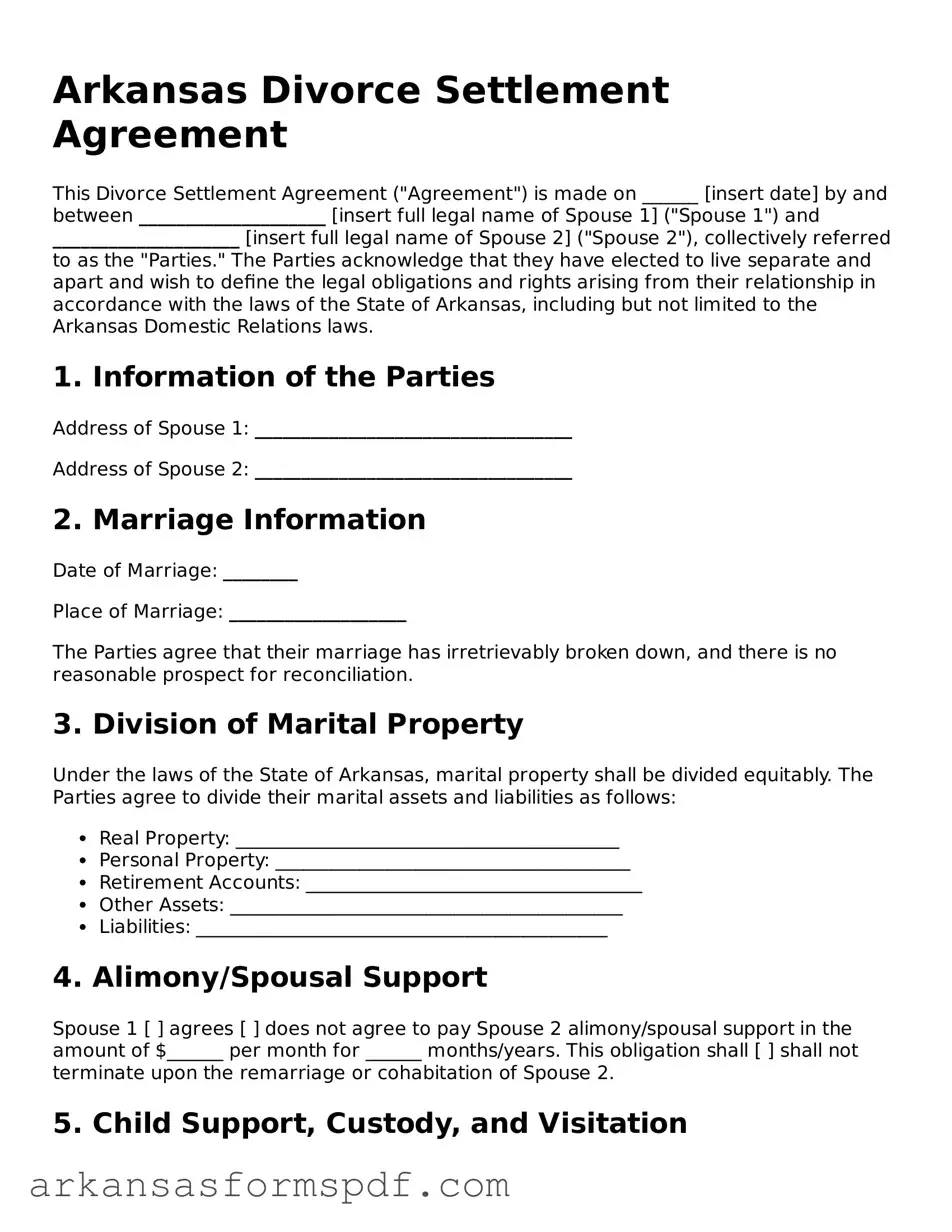 Fillable  Divorce Settlement Agreement Form for Arkansas