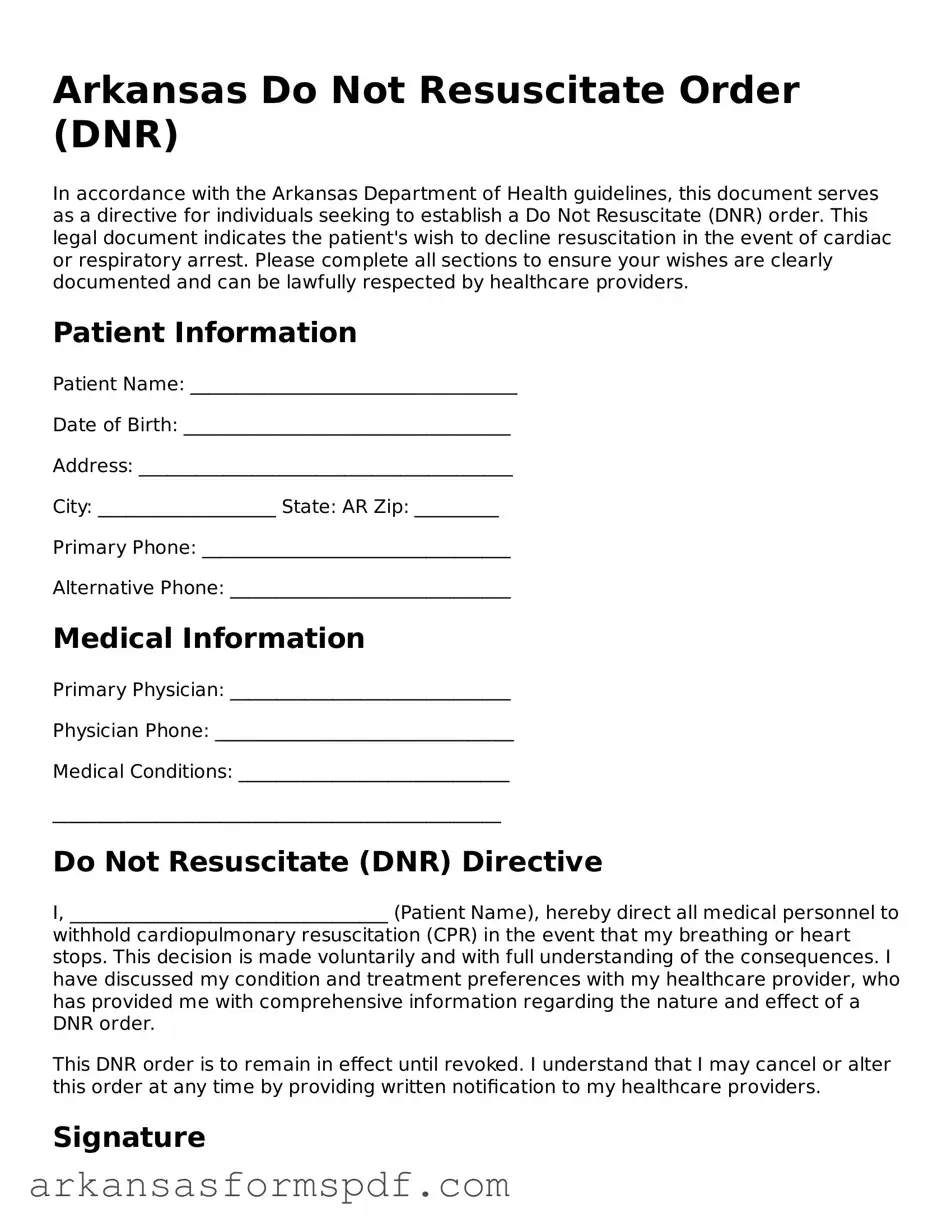 Fillable  Do Not Resuscitate Order Form for Arkansas