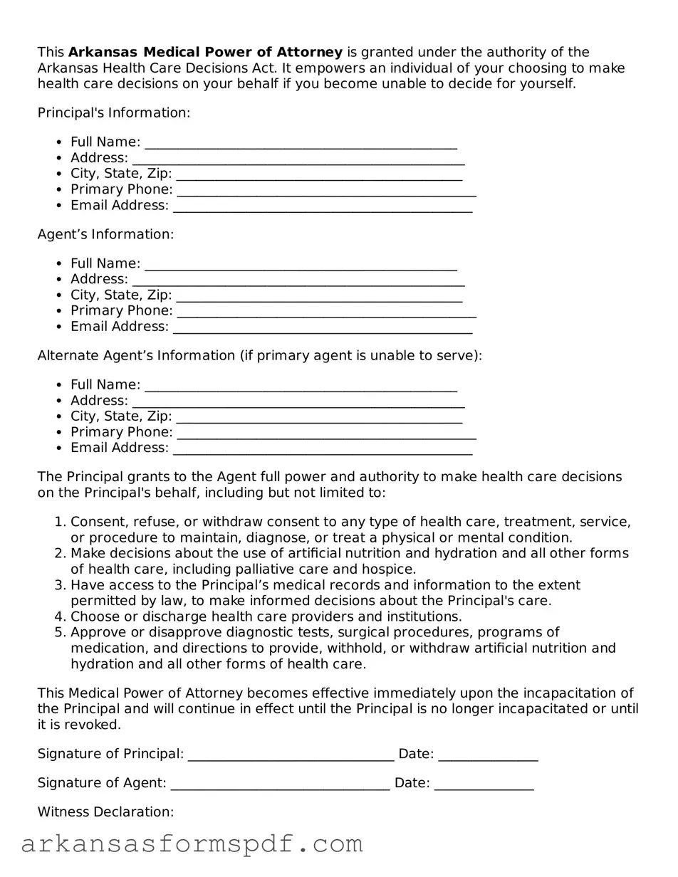 Fillable  Medical Power of Attorney Form for Arkansas