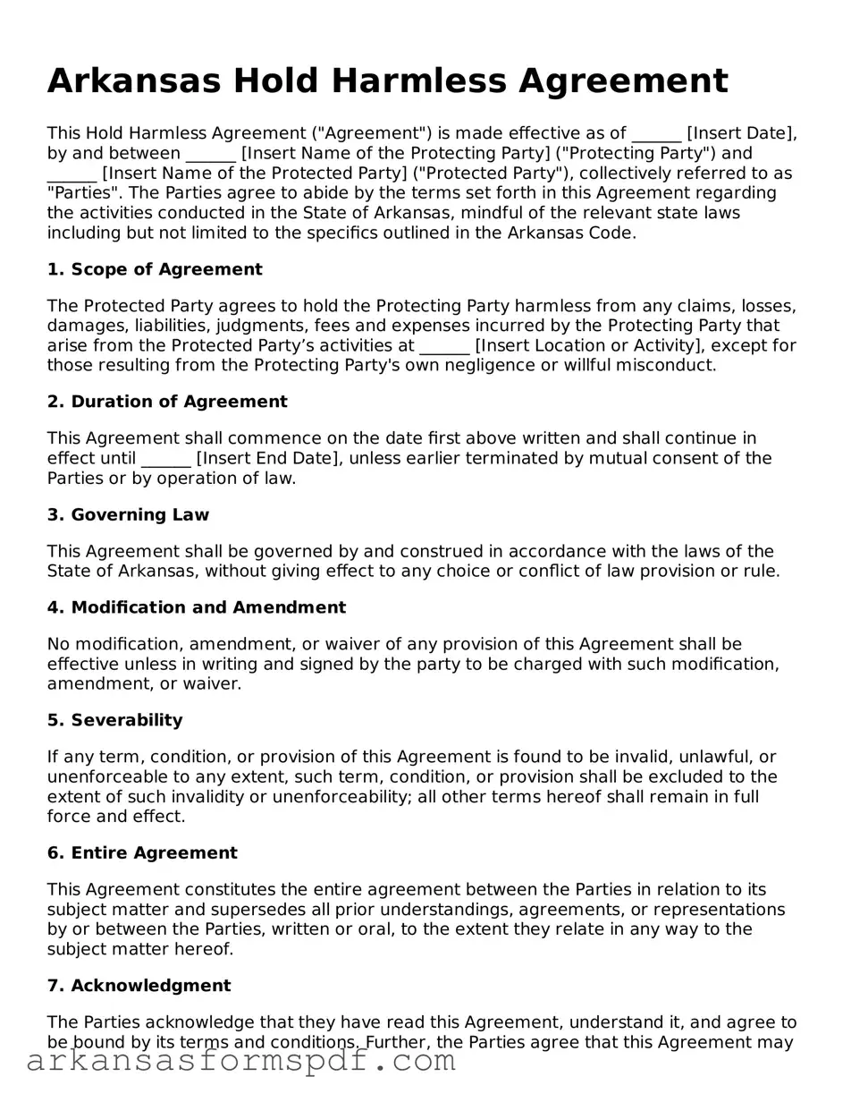 Fillable  Hold Harmless Agreement Form for Arkansas