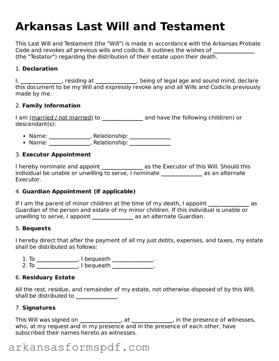Fillable  Last Will and Testament Form for Arkansas