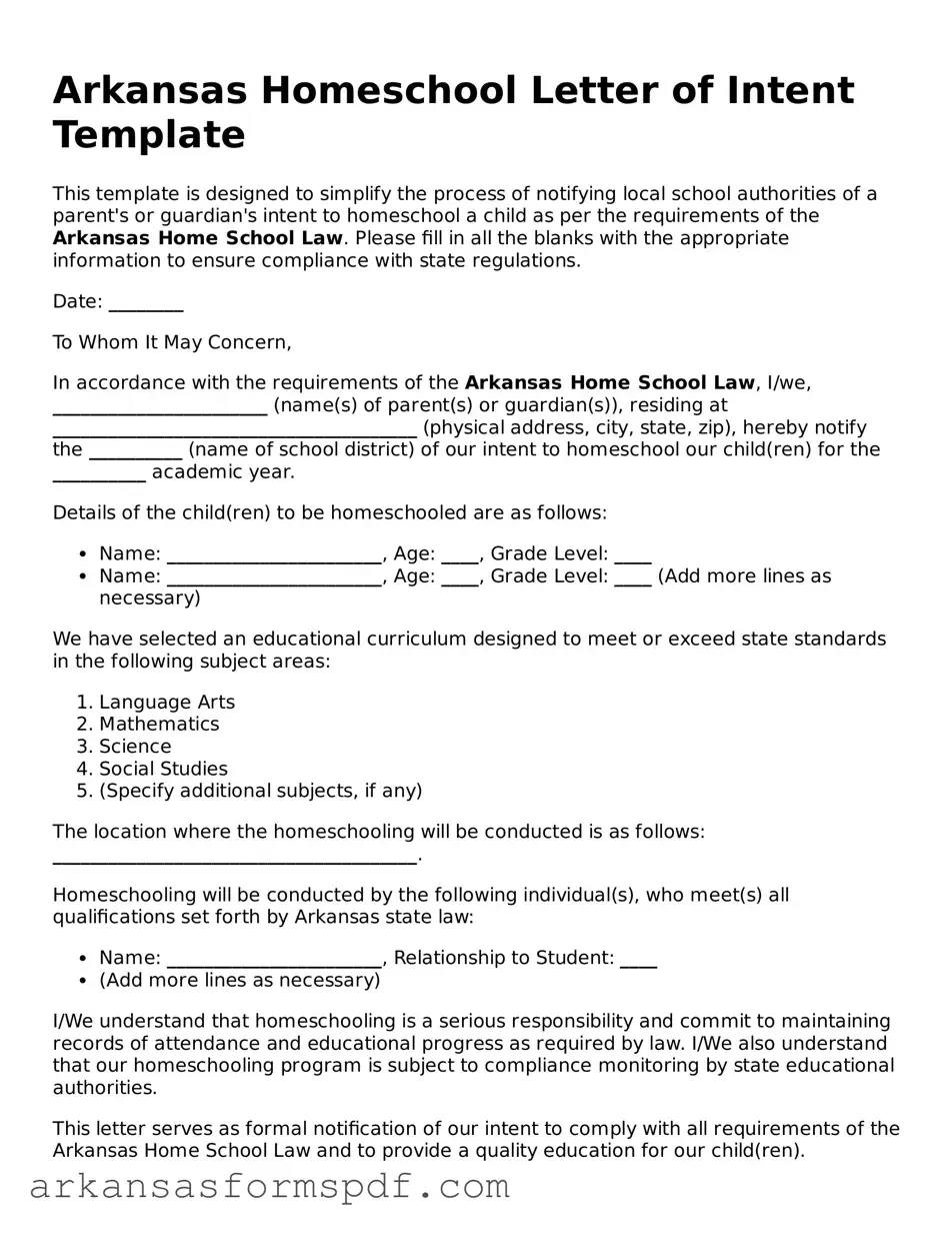 Fillable  Homeschool Letter of Intent Form for Arkansas