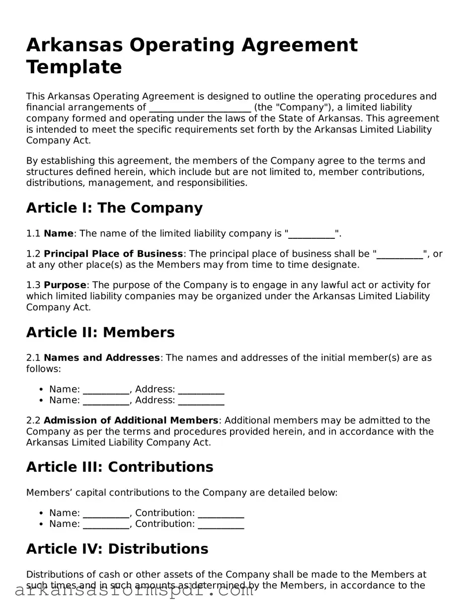 Fillable  Operating Agreement Form for Arkansas