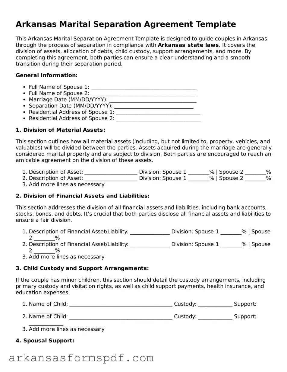 Fillable  Marital Separation Agreement Form for Arkansas