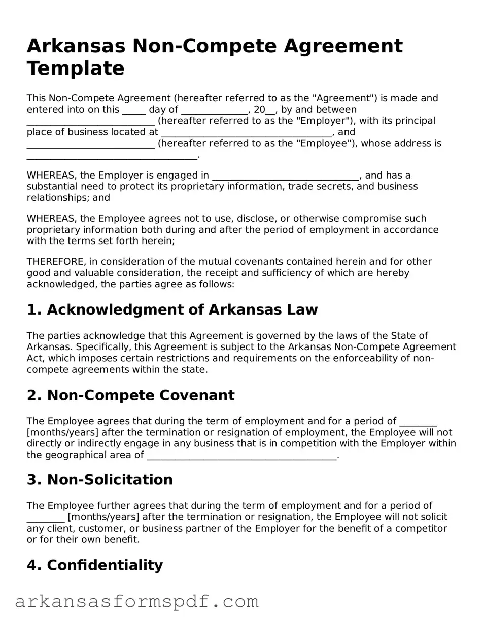 Fillable  Non-compete Agreement Form for Arkansas