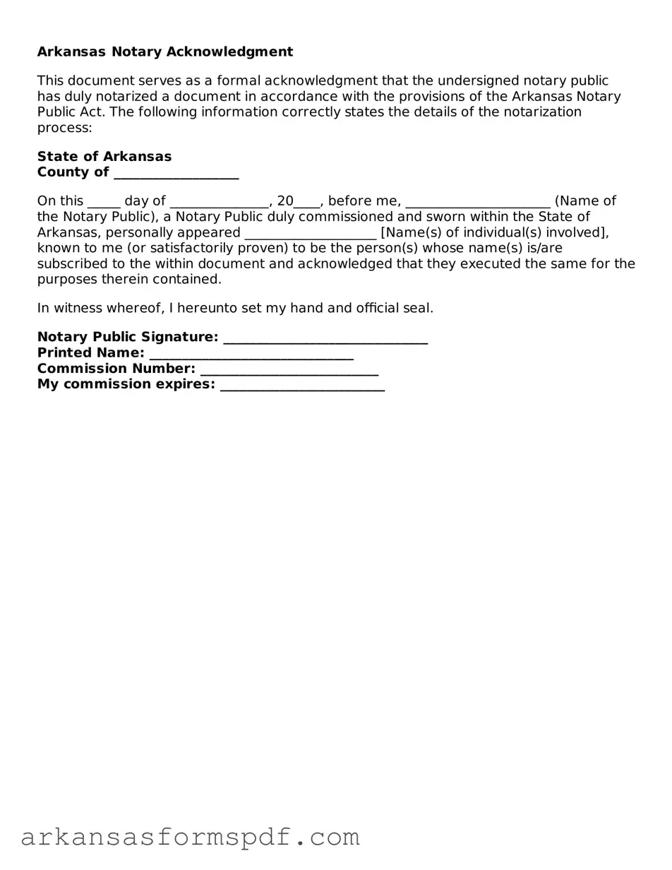 Fillable  Notary Acknowledgement Form for Arkansas