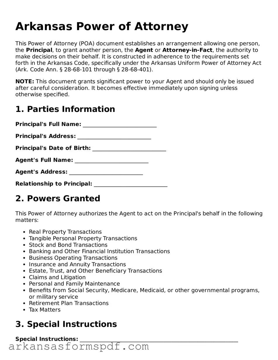 Fillable  Power of Attorney Form for Arkansas
