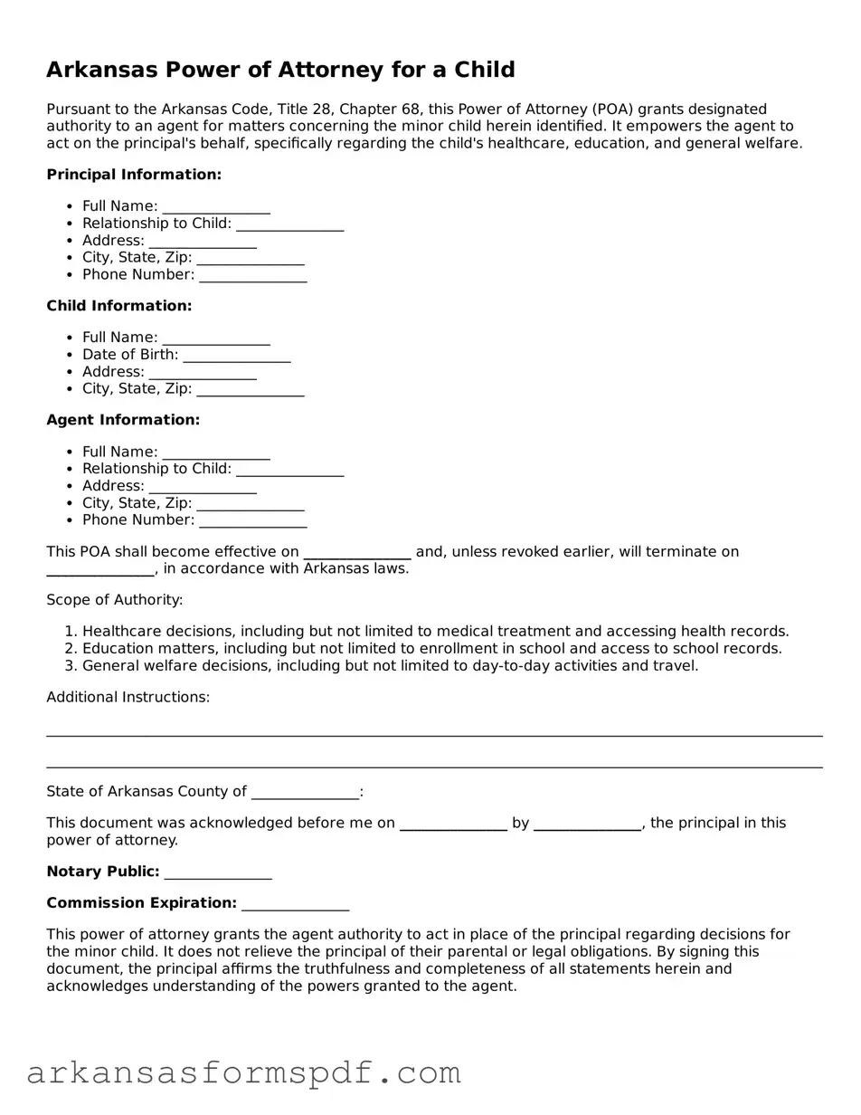 Fillable  Power of Attorney for a Child Form for Arkansas