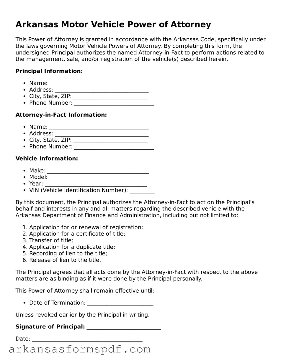 Fillable  Motor Vehicle Power of Attorney Form for Arkansas