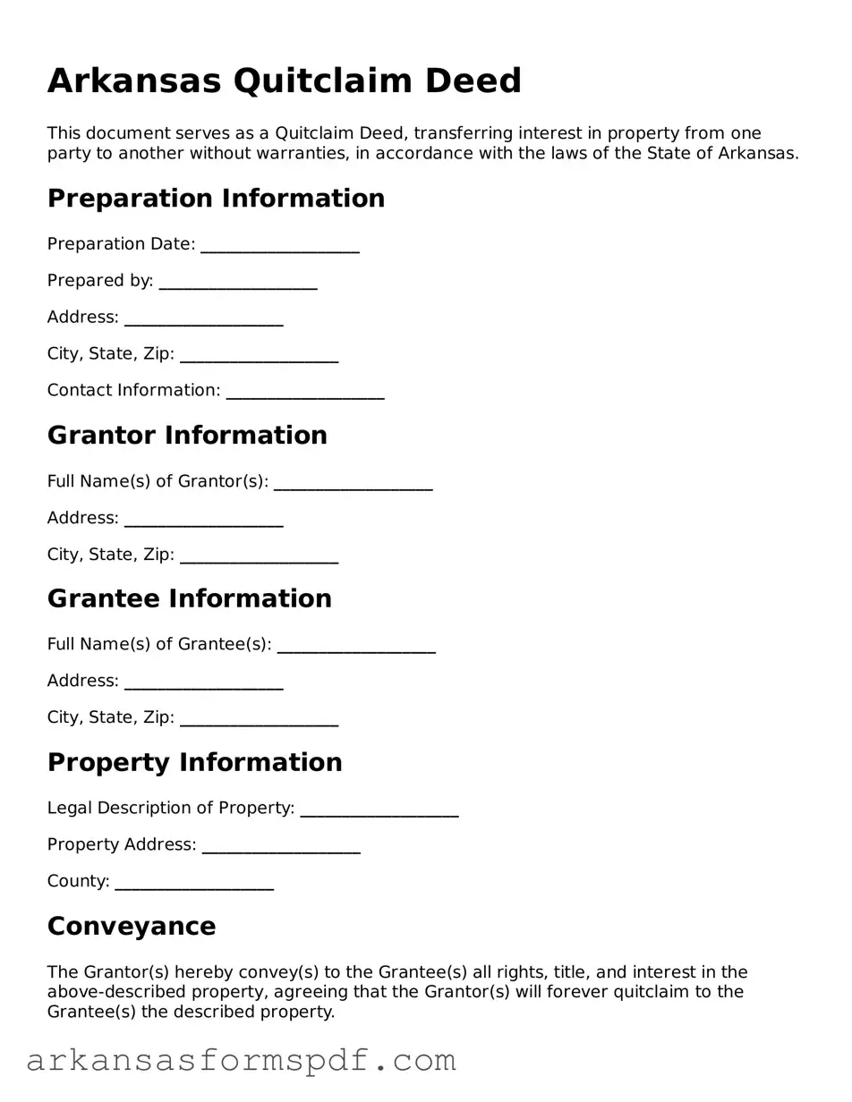 Fillable  Quitclaim Deed Form for Arkansas