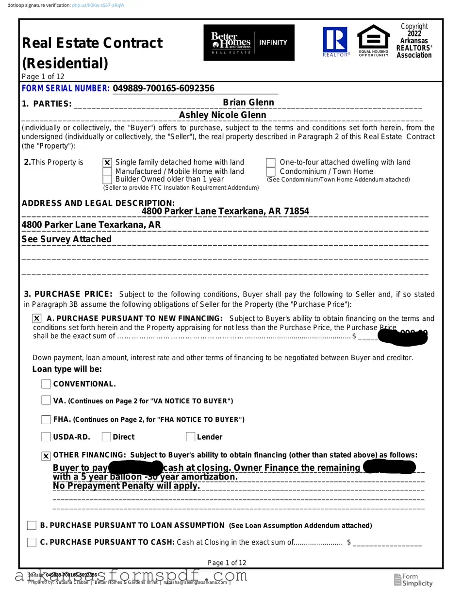 Free Arkansas Real Estate Contract Residential Form