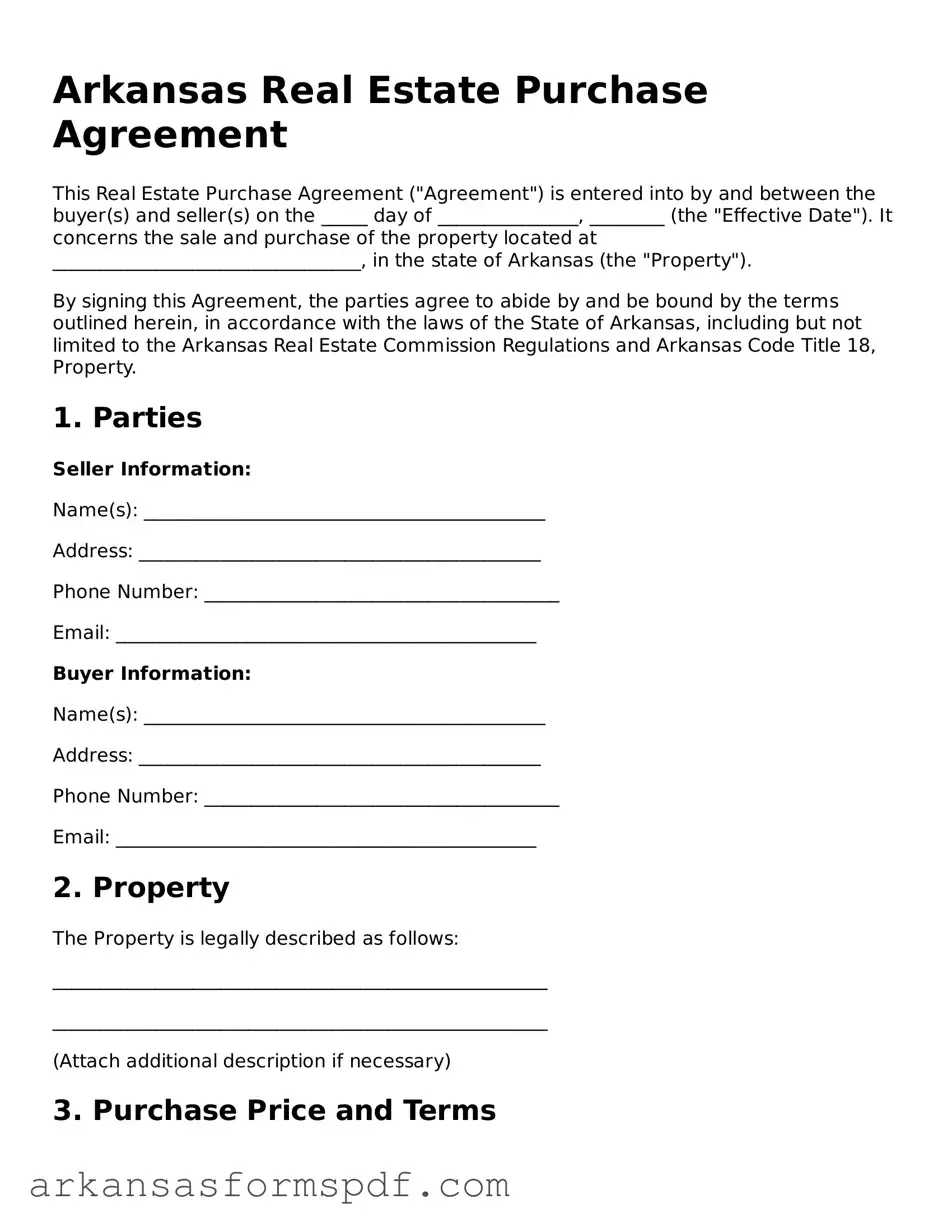 Fillable  Real Estate Purchase Agreement Form for Arkansas