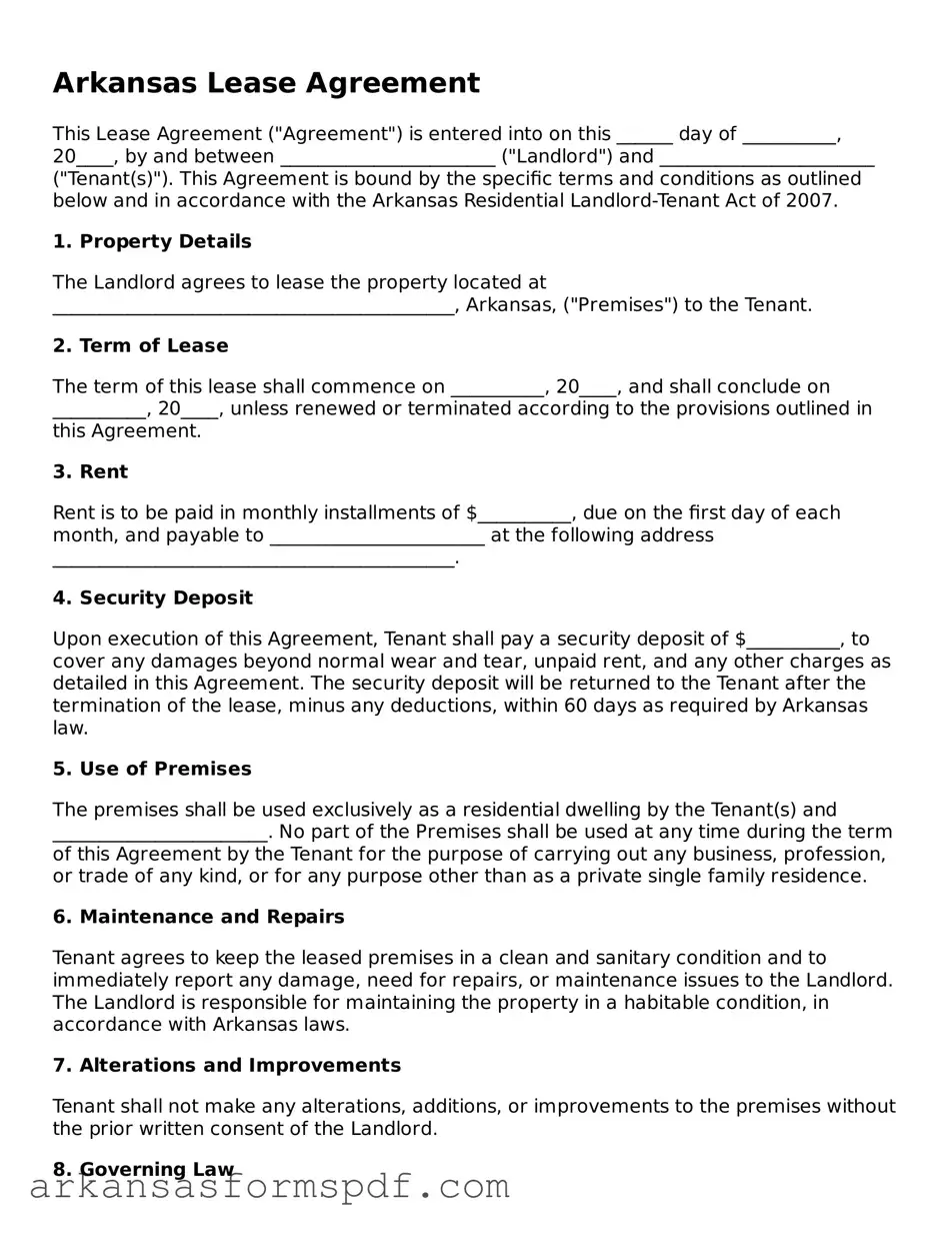 Fillable  Lease Agreement Form for Arkansas