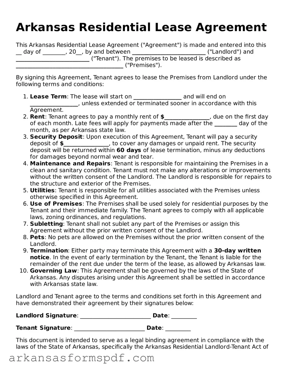 Fillable  Residential Lease Agreement Form for Arkansas