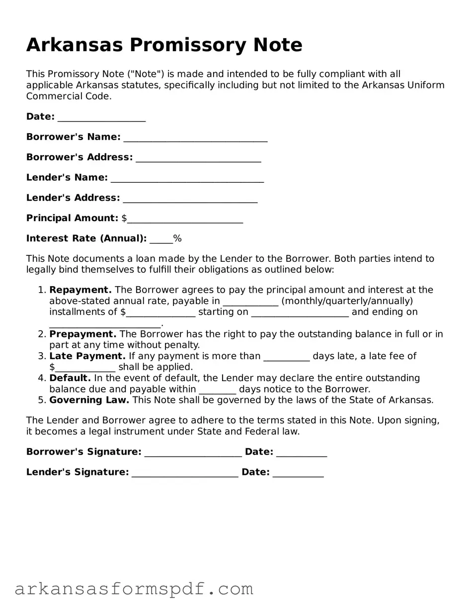 Fillable  Promissory Note Form for Arkansas