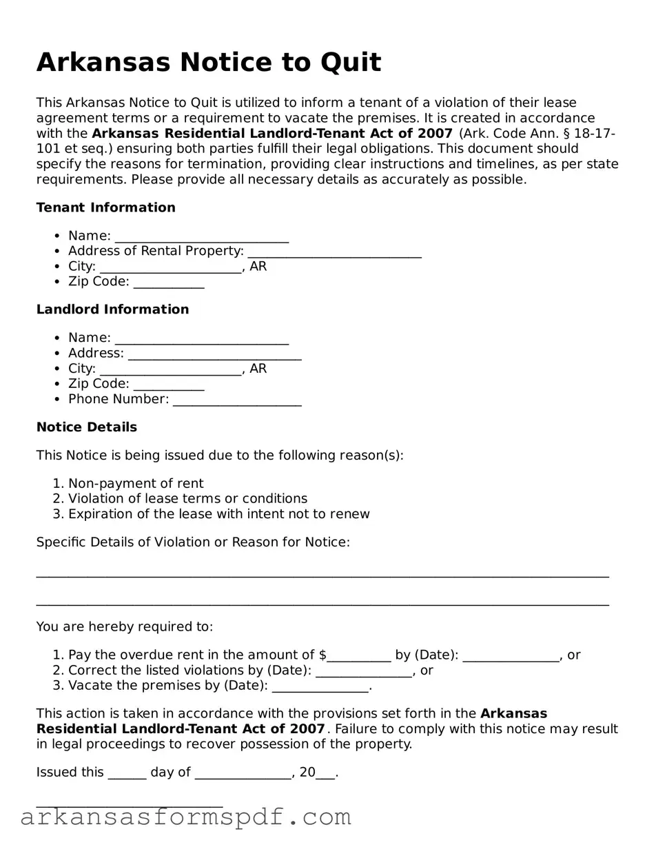 Fillable  Notice to Quit Form for Arkansas
