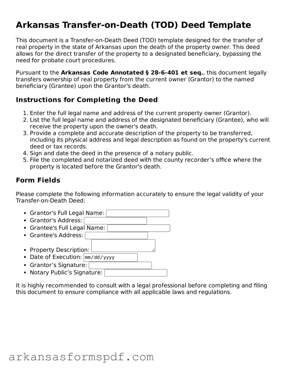 Fillable  Transfer-on-Death Deed Form for Arkansas