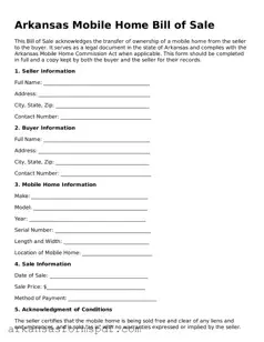 Fillable  Mobile Home Bill of Sale Form for Arkansas