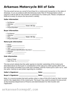 Fillable  Motorcycle Bill of Sale Form for Arkansas