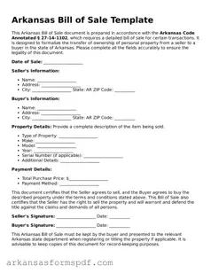Fillable  Bill of Sale Form for Arkansas