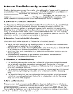 Fillable  Non-disclosure Agreement Form for Arkansas