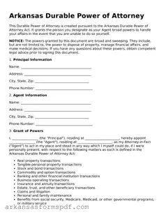 Fillable  Durable Power of Attorney Form for Arkansas