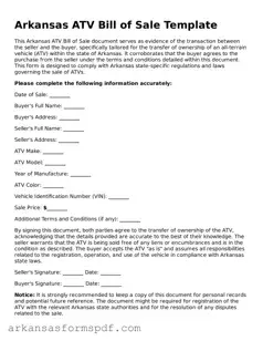 Fillable  ATV Bill of Sale Form for Arkansas
