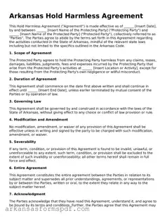 Fillable  Hold Harmless Agreement Form for Arkansas