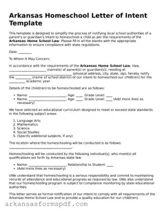 Fillable  Homeschool Letter of Intent Form for Arkansas
