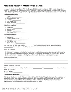 Fillable  Power of Attorney for a Child Form for Arkansas