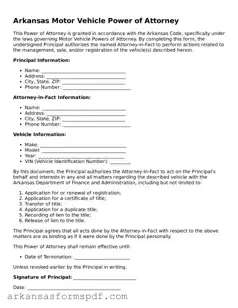 Fillable  Motor Vehicle Power of Attorney Form for Arkansas