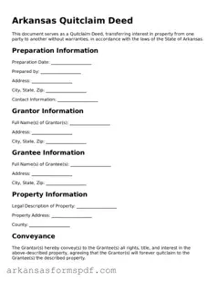 Fillable  Quitclaim Deed Form for Arkansas