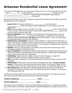 Fillable  Residential Lease Agreement Form for Arkansas